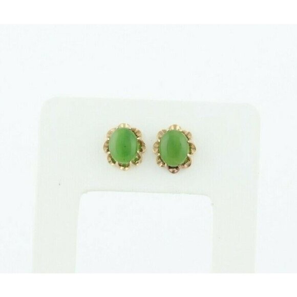 10k Yellow Gold Natural Jade Earrings Stud Post Earrings - Picture 5 of 8